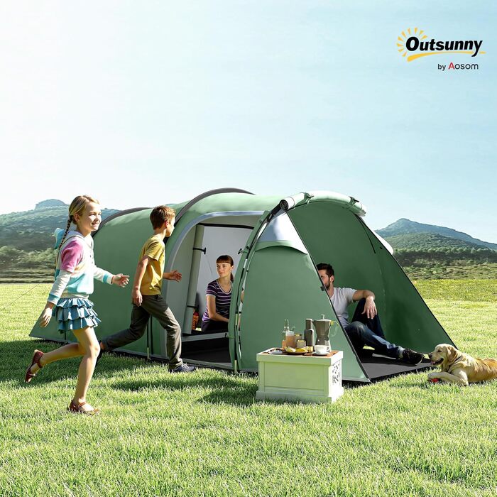 Намет Outsunny Tunnel для 2-3 осіб, сімейний кемпінговий намет з тамбуром, водонепроникний (2000 мм), зелений