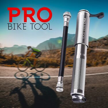 Міні-насос для велосипеда PRO BIKE TOOL з манометром - для Presta та Schrader клапанів, тиск до 6.9 Bar, легкий, з індикатором тиску, для шосейних та гірських велосипедів, титан, 22.8 x 7 x 3 см