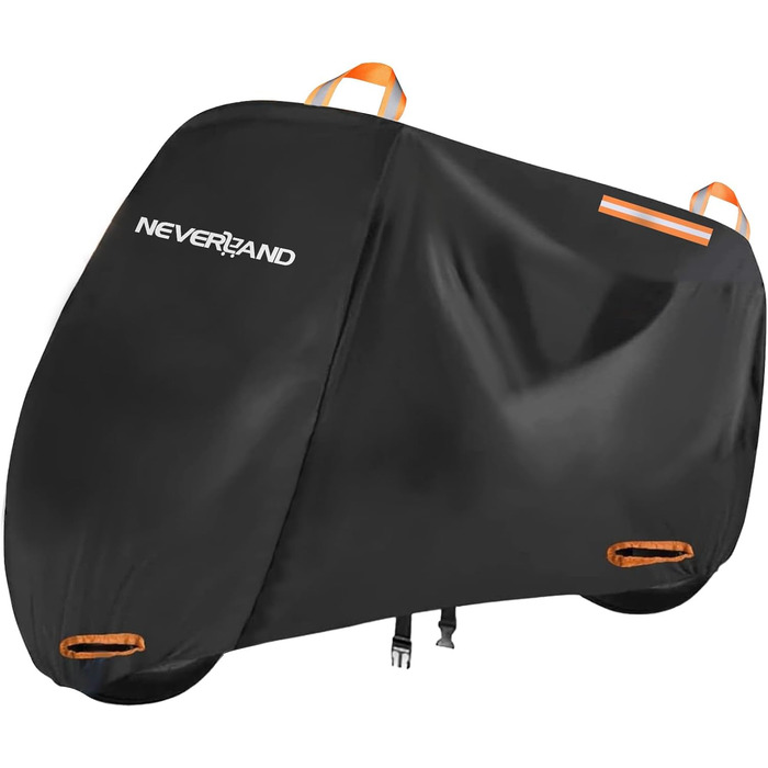 Накладна ковдра для мотоцикла Neverland Outdoor, 295x110x140 см, водонепроникна, 300D, гараж для мотоцикла, внутрішнє використання, з отворами для замка, світловідбиваюча, чорно-помаранчевий колір