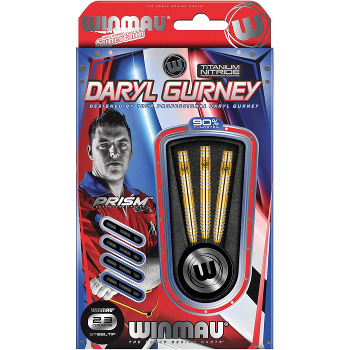 Дротики WINMAU Daryl Gurney 23 г, вольфрамові, сталевий наконечник, комплект з оперенням і держателями, професійні