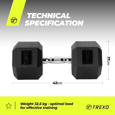 Гантеля TREXO Hex 32,5 кг, гексагональна, гумова, чавунна, для силових тренувань, ергономічна ручка