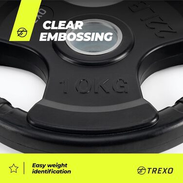 Диск для штанги з ручками TREXO 10 кг, чавунний, покритий, для фітнесу, кросфіту та силових тренувань
