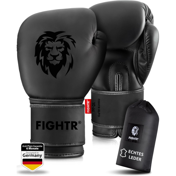 Боксерські рукавички FIGHTR® Pro з натуральної шкіри | Для чоловіків та жінок | Для боксу, ММА, муай-тай, кікбоксингу та єдиноборств | 10, 12, 14, 16 oz | З сумкою 14 oz All Black