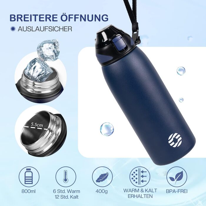 Термобутилька FJbottle з нержавіючої сталі 800 мл, герметична спортивна пляшка для води, школи та фітнесу, BPA-free, темно-синя