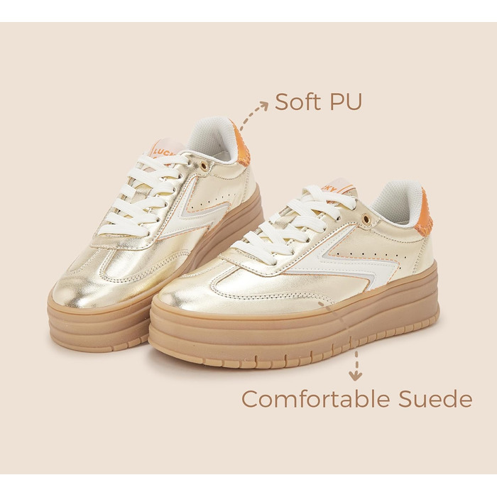 Жіночі туфлі на платформі Lucky Step з замші та гумовою підошвою, золотисті - ретро дизайн для тенісу та повсякденного носіння, 38 EU