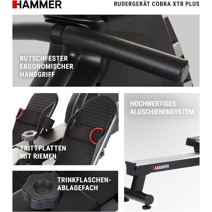 Гребний тренажер HAMMER Cobra XTR Plus II для дому, з інноваційним комп'ютером, тримачем для смартфона/планшета, до 130 кг, 232x55x75 см, чорний
