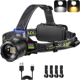 Ліхтар на голову LED акумуляторний, 90000 люмен, Zoom, сенсор, 3 кольори світла, червоне аварійне світло, 7000mAh, IPX7, для кемпінгу, риболовлі