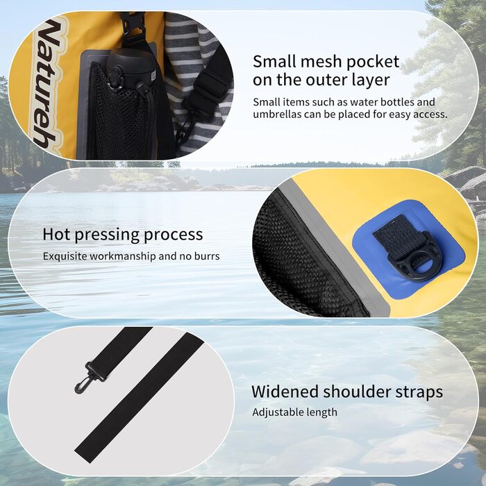 Водонепроникний рюкзак Naturehike Dry Bag – 25L/15L/10L. Сумка для каякінгу, човнів, риболовлі, рафтингу, плавання та сноубордингу (Жовтий 25L)