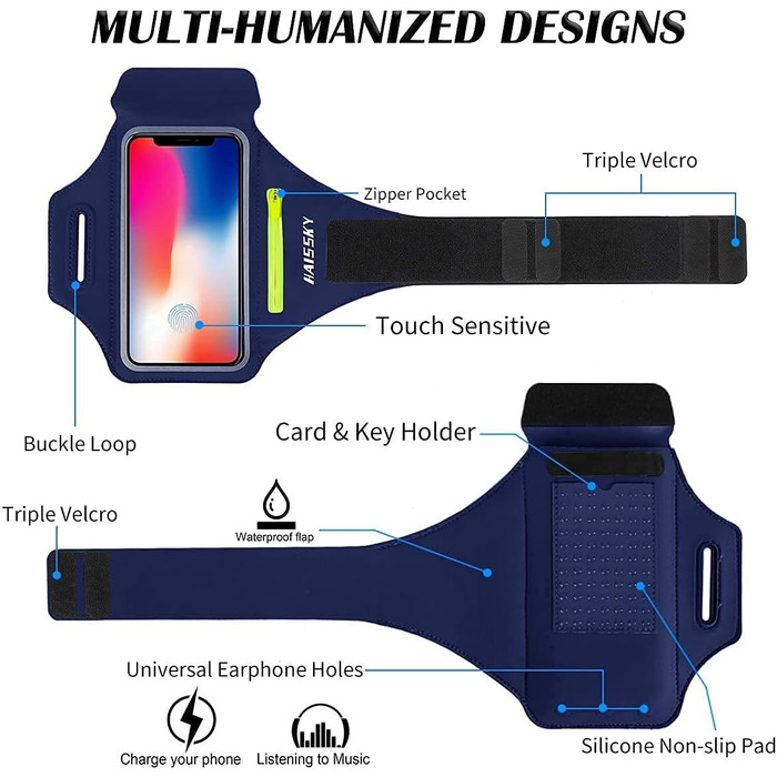 Спортивний браслет на руку для бігу з відділенням для навушників та ключей, тримач для телефону, браслет для бігу з кишенею для карт для iPhone 16 Pro Max/15 Pro/14/13 Pro/12 Plus, Marine (до 6.9 дюймів)