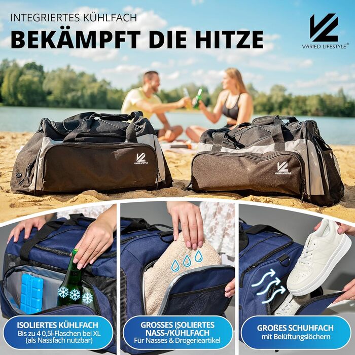 Спортивна сумка V® з відділенням для взуття, мокрою білизною та ізольованим холодильним відсіком. Сумка для сауни, подорожей, спортзалу, фітнесу, плавання. Чорно-сірий (XL, Синьо-карбоновий)