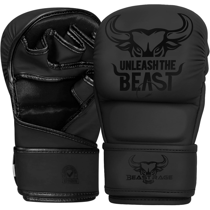 MMA-рукавички BEAST RAGE для чоловіків та жінок, регульована підтримка зап'ястя, відкрита долоня, чорні. Підходять для боротьби, спарингу, муай-тай, кікбоксингу, Taekwondo. Розміри L-XL