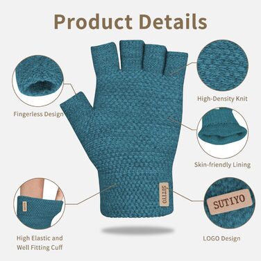 Кашмірні рукавички без пальців SUTIYO для чоловіків та жінок, теплі рукавички без пальців для водіння, їзди на велосипеді, спорту (Півняче блакитне)