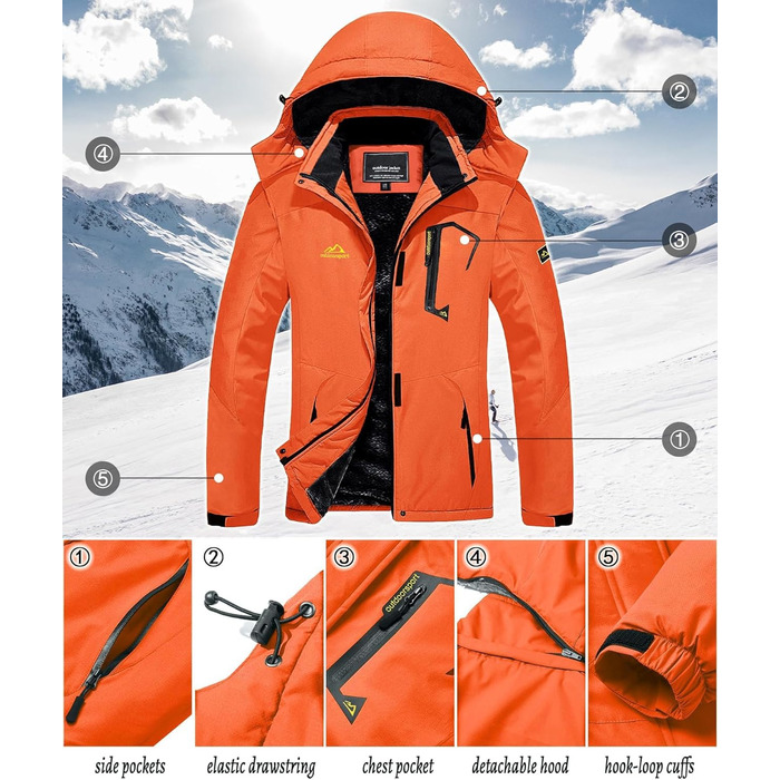 TACVAEN Жіноча куртка-перехідник, тепла зимова куртка, куртка для хайкінгу, вітронепроникна куртка з водонепроникною блискавкою, біло-чорна (XXL, помаранчевий)