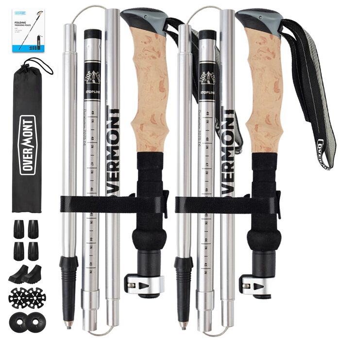 Телескопічні палиці для скандинавської ходьби та трекінгу Overmont, ультралегкі алюмінієві, регульовані 105-125 см, з аксесуарами для всіх типів місцевості, сірі (1 пара)