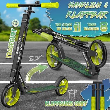 Дитячий та дорослий трюковий самокат Cityroller з дзвіночком та ременем | Висота регулюється, складається, до 100 кг | Великі колеса, чорний/зелений