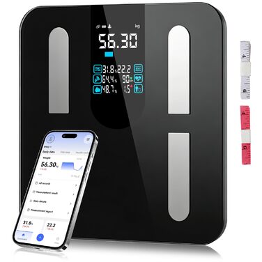 Розумні ваги для аналізу складу тіла з визначенням відсотка жиру, м'язової маси, BMI та вісцерального жиру, 25 показників, BIA-технологія, до 225 кг, чорні