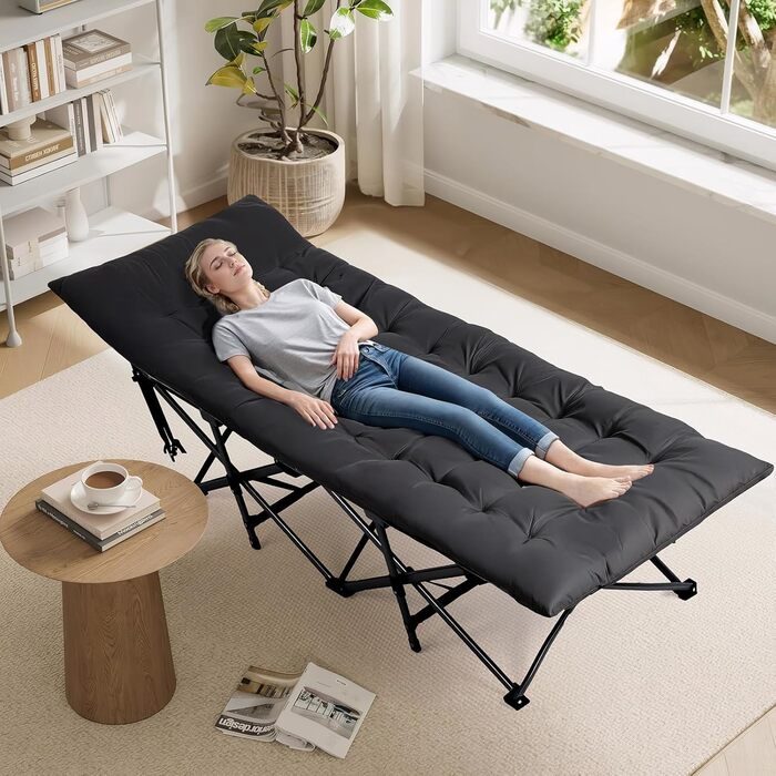 Кемпінгове ліжко Bonnlo розкладне з матрацом – ліжко для риболовлі, відпочинку на природі, у саду, на пляжі, 190x71x36 см (Чорний)