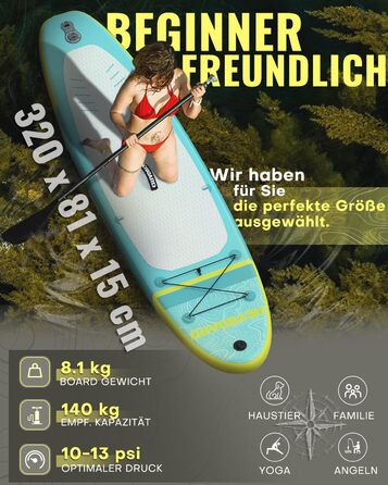 Надувна SUP-дошка HEYBOARD 320x81x15 см з веслом, насосом, рюкзаком та лішем для сап-серфінгу та водного спорту, фібергласове весло
