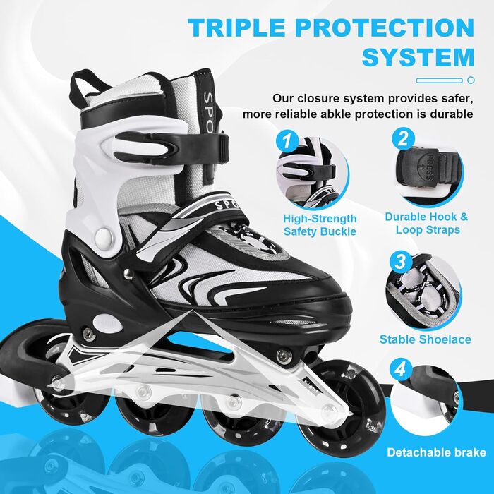 Регульовані дитячі ролики для хлопчиків та дівчаток, ролики для дітей, ролики для дівчаток та хлопчиків, ролики для підлітків, ролики для малюків, для занять в приміщенні та на вулиці, чорно-білі