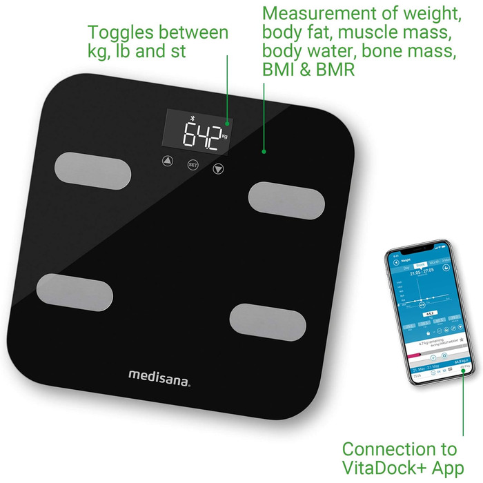 Ваги-аналізатор Medisana BS 602 до 180 кг з Wi-Fi/Bluetooth, для вимірювання жиру, води, м'язової та кісткової маси, сумісні з додатком VitaDock+