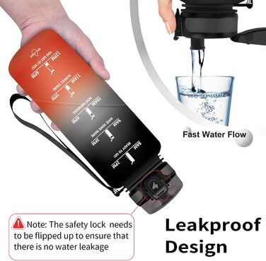 Спортивна пляшка для води Grsta 1,5 л, BPA Free, з фільтром, для газованої води, герметична, з часовою розміткою, чорна-червона, для спорту, школи, офісу та вулиці