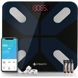Etekcity Bluetooth вага-аналізатор жиру, цифрова вага для тіла з розумним додатком, вимірює вагу, жир, ІМТ, м’язову масу, воду, білок, до 180 кг, батарейки, чорна