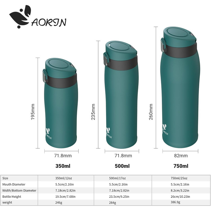 Термос-термобутилка AORIN з нержавіючої сталі 18/8, 750 мл, герметична, BPA Free, спортивна пляшка для води для спорту, школи, outdoor, бежевого кольору