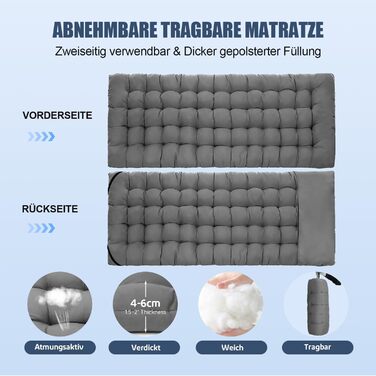 Ліжко похідне розкладне XL з матрацом, 220 кг, 600D Oxford, сталевий каркас, сіре 190x78x37 см