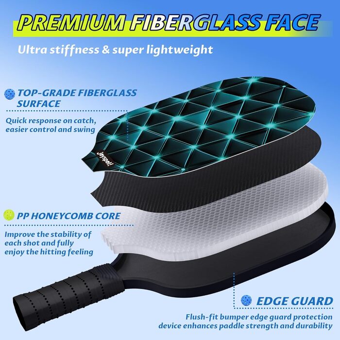 Набір для піклболу JOY SPOT 2 шт. з 4 м'ячами та сумкою – легкі ракетки з фібергласовою поверхнею для чоловіків, жінок та початківців – ідеально для гри в приміщенні та на вулиці