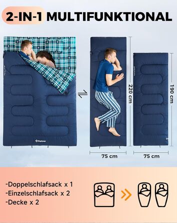 Спальний мішок KingCamp для 2 осіб з фланелі, зимовий, теплий, 3-4 сезони, з 2 подушками, для кемпінгу та відпочинку на природі, синій