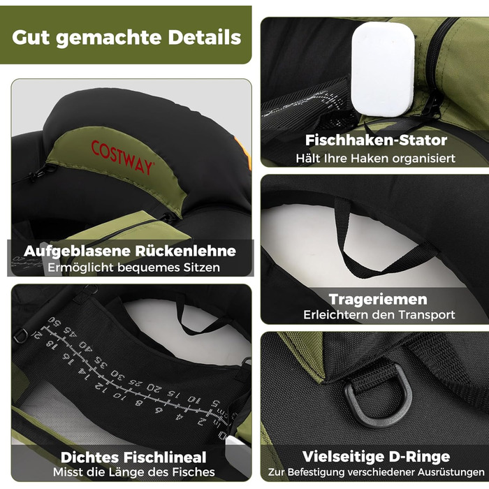 Надувне рибальське сидіння Belly Boat Costway з регульованим утримувачем вудки, зеленого кольору