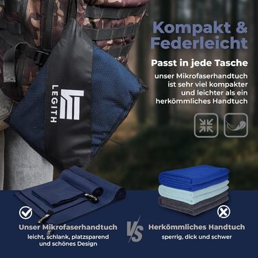 Набір мікрофібрових рушників LEGITH – швидковисихаючі та компактні для подорожей, пляжу, спорту та кемпінгу (3 розміри: 160x80 см, 120x60 см, 80x40 см) – економія місця