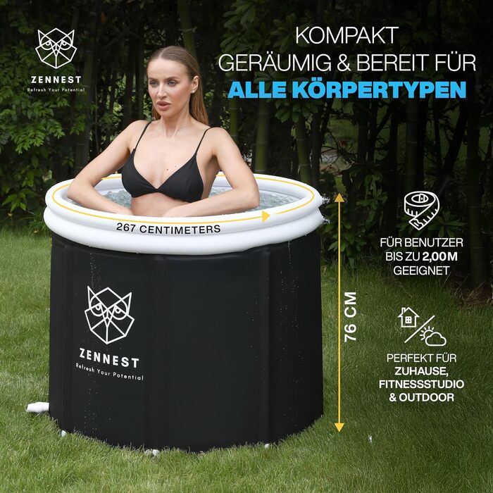 Eistonne Zennest Eistonne для дому 90см – XL Cold Plunge: велика ванна для крижаних процедур на відкритому повітрі з 6-шаровою ізоляцією. Зручна та портативна ванна для дорослих. (Rund-pro)