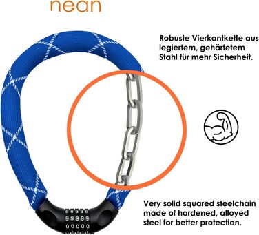 Надійне велозамок Nean з кодом, 6x6x900 мм, сталевий ланцюг, синій