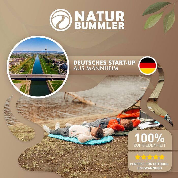 Килимок туристичний надувний NaturBummler® Cloud Nap+ (195x56 см) – для кемпінгу, трекінгу, фестивалів. Легкий, водонепроникний, компактний, зелений.
