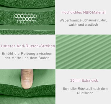 Килимок для йоги XXL 200x130 см: фітнес-мат з NBR, товщина 20/15/10 мм. Підходить для йоги, фітнесу, занять з дітьми та для людей похилого віку. Зелений, товщина 20 мм