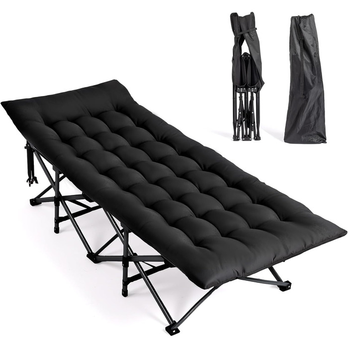 Кемпінгове ліжко Bonnlo розкладне з матрацом – ліжко для риболовлі, відпочинку на природі, у саду, на пляжі, 190x71x36 см (Чорний)