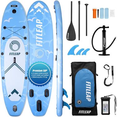Надувна SUP-дошка Fitleap Premium з насосом, веслом і рюкзаком, синя, для йоги, серфінгу, водного спорту, 1 особа