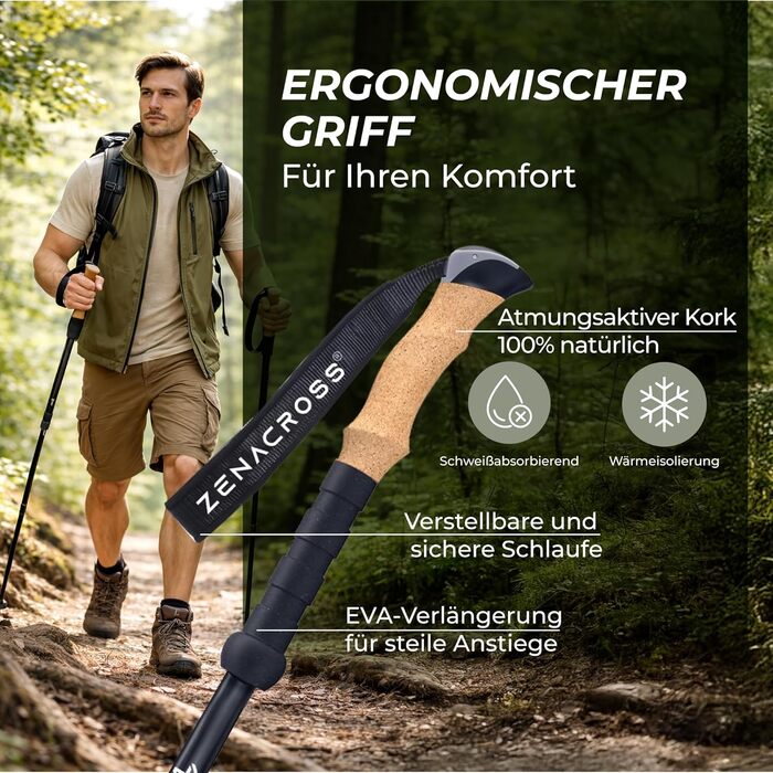 Телескопічні палиці для скандинавської ходьби та трекінгу Nordic Walking, ультралегкі, з натуральними корковими ручками, алюміній