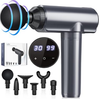 Перкусійний масажер Lefity Massage Gun для м'язів: 30 рівнів швидкості, 6 насадок, LCD-дисплей, зарядка USB-C, синій