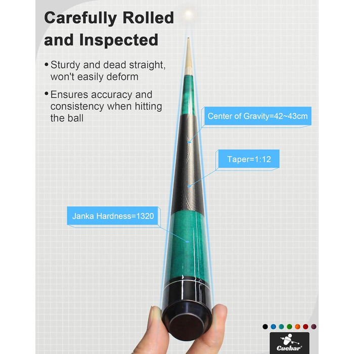 Набір київ для більяру CUEBAR (6 шт.) з 3D-рукояткою, 147,3 см. Підходить для чоловіків та жінок. Різні кольори (фіолетовий, червоний, зелений, блакитно-зелений, синій, чорний).