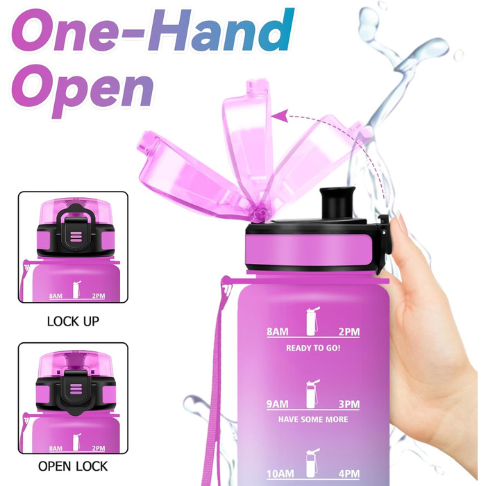 Спортивна пляшка 1л з маркуванням часу, фільтром, для води з газом, велосипеда, бігу, дорослих (1000 мл, Rosenfuchsien-cyan)
