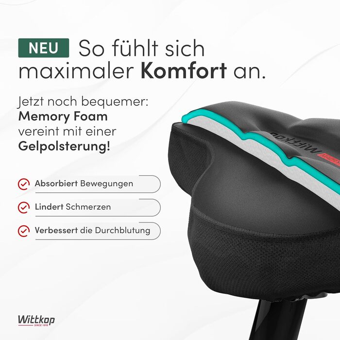 Подушка на сидіння велосипеда WITTKOP з гелевою подушкою та піною з пам'яті I Ергономічний велосипедний чохол для жінок та чоловіків з 3-зонною системою I Зручний велосипедний сидіння для Peloton та велосипедного сидіння (CITY)