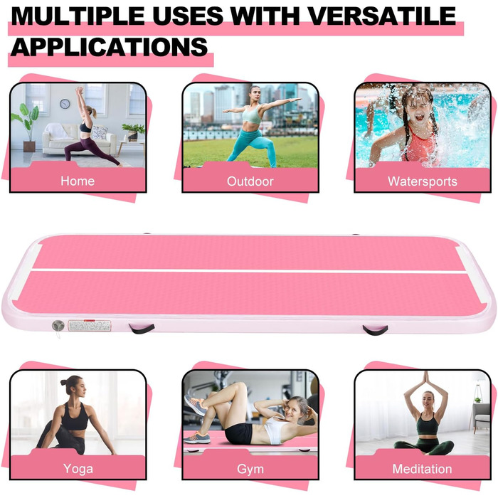 Гімнастичний надувний мат (килимок) 2м/3м/4м/5м/6м, 10см, для фітнесу, йоги, танців, рожевий, з насосом, для дому
