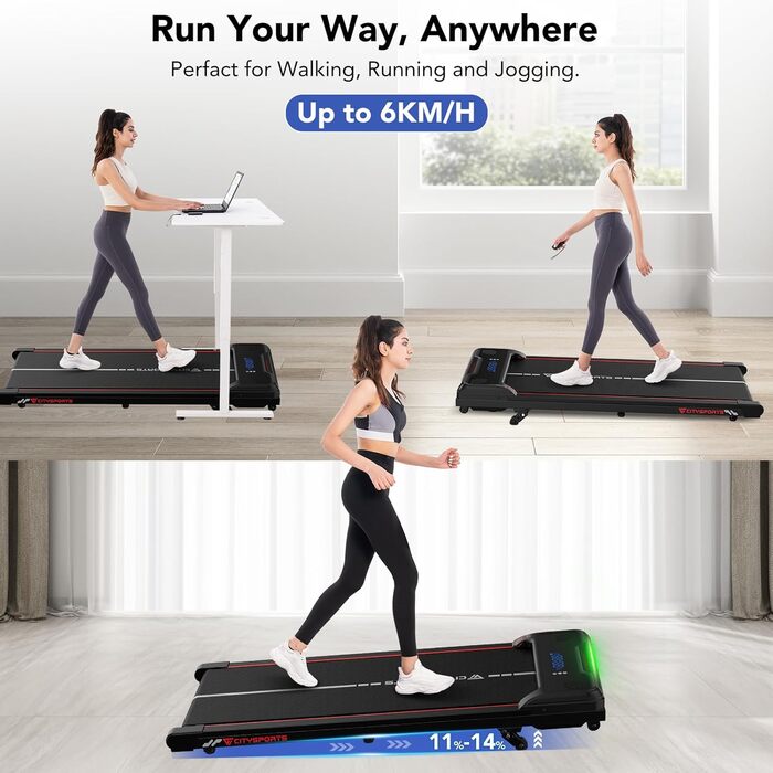 CITYSPORTS Біговий тренажер з регулюванням нахилу, WalkingPad з LED-дисплеєм та світловим ефектом, швидкість 1-6 км/год, для дому та офісу, з пультом керування (Червоний)