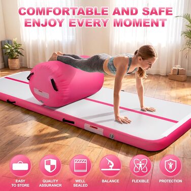 Airtrack мат для гімнастики 10 см, 3м/4м + повітряний рол 100x60см, електричний насос (Рожевий, 300x100x10см + 100x60см)