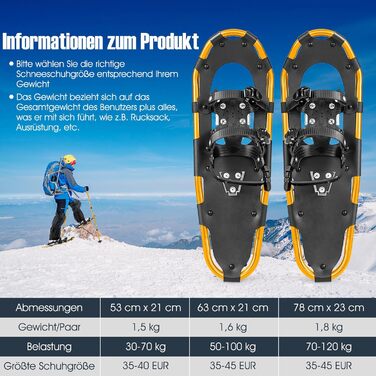 Снігоступи COSTWAY з підйомником, 38-45 розмір, подвійна фіксація, алюмінієвий каркас, трекінгові палиці, чохол, гетри, для чоловіків та жінок, 63 см, золоті