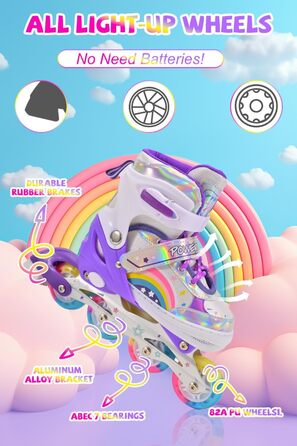 Регульовані роликові ковзани для дітей, дівчаток, початківців. Ролики для дітей та підлітків, кольори: фіолетовий, райдуга.