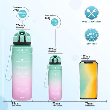 Дитяча спортивна пляшка для води Niggeey 1000 мл, мотиваційна, з мітками часу, з Tritan, без BPA, герметична, для школи, фітнесу, спорту