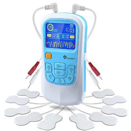 Пристрій TENS для терапії болю, EMS, 2 канали, 25 режимів, 50 рівнів інтенсивності, 10 електродів (синій)